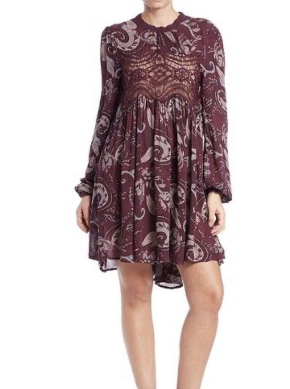 Free People Sweet Thing Paisley Tunic Dress - Wine Combo